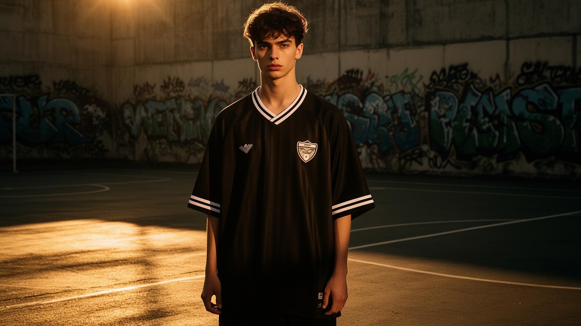 Striker Club Drop 01 — model in oversized football jersey on urban pitch